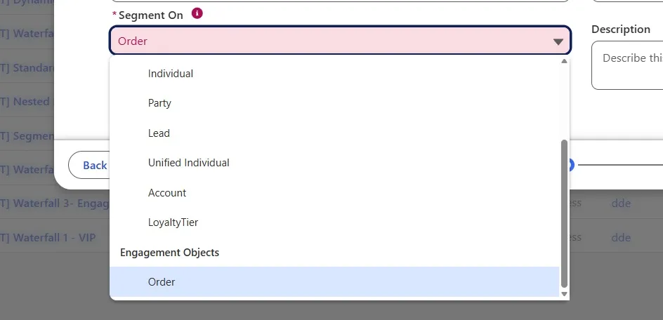 Segment On engagement objects β Engagement DMO options