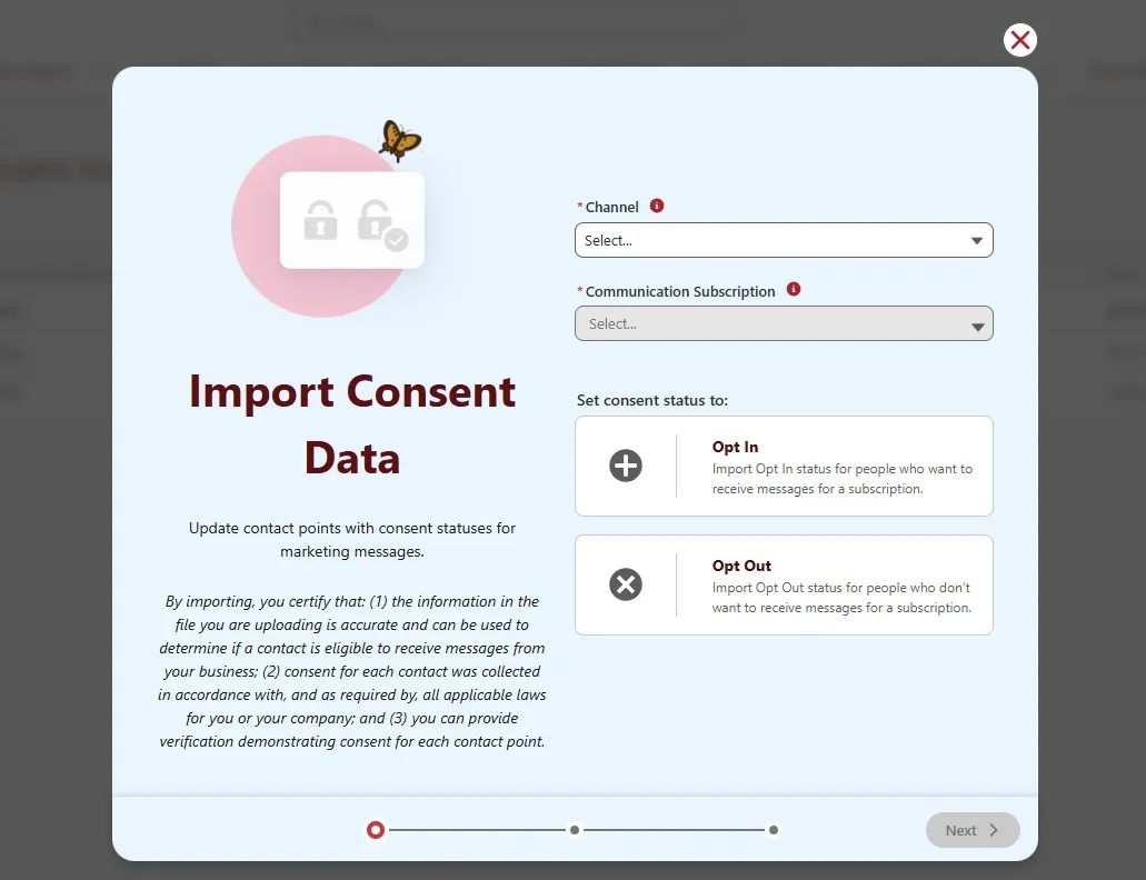 First step of the Import Consent Data wizard: required Channel and Communication Subscription dropdowns, both still unset, above a choice between exactly two consent statuses, Opt In and Opt Out