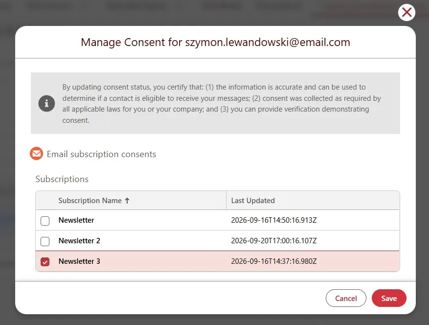 Manage Consent modal headed "Manage Consent for szymon.lewandowski@email.com", listing three email subscriptions — Newsletter, Newsletter 2 and Newsletter 3 — each with a checkbox and its own Last Updated timestamp