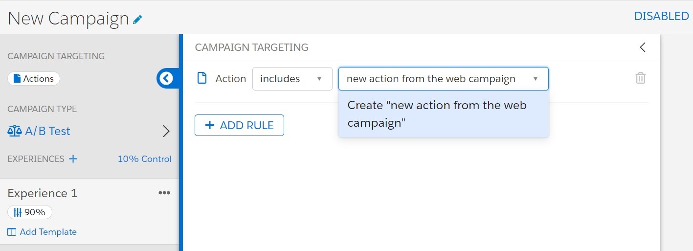 Marketing Cloud Personalization - new action from the Web Campaign
